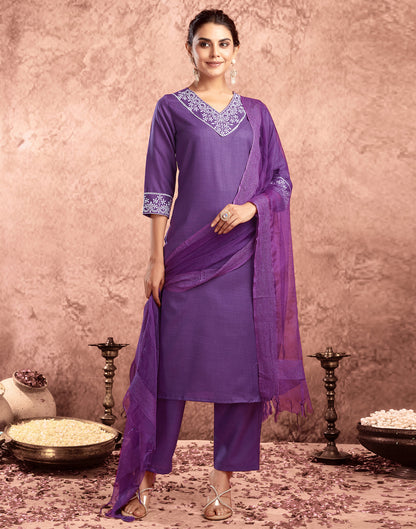 Dartk Purple Cotton Embroidery Straight Kurta Set With Dupatta