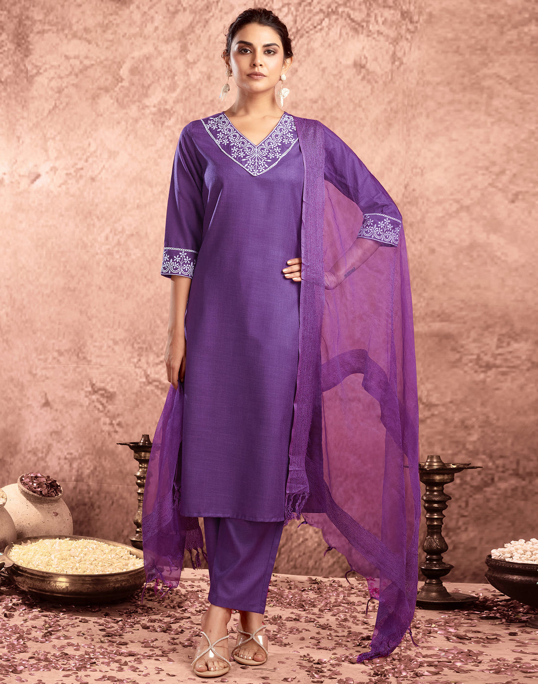 Dartk Purple Cotton Embroidery Straight Kurta Set With Dupatta