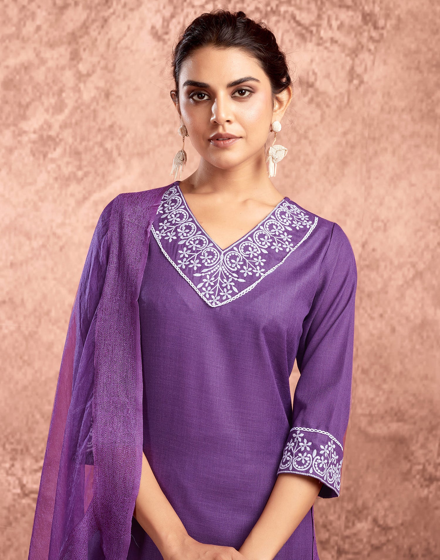 Dartk Purple Cotton Embroidery Straight Kurta Set With Dupatta