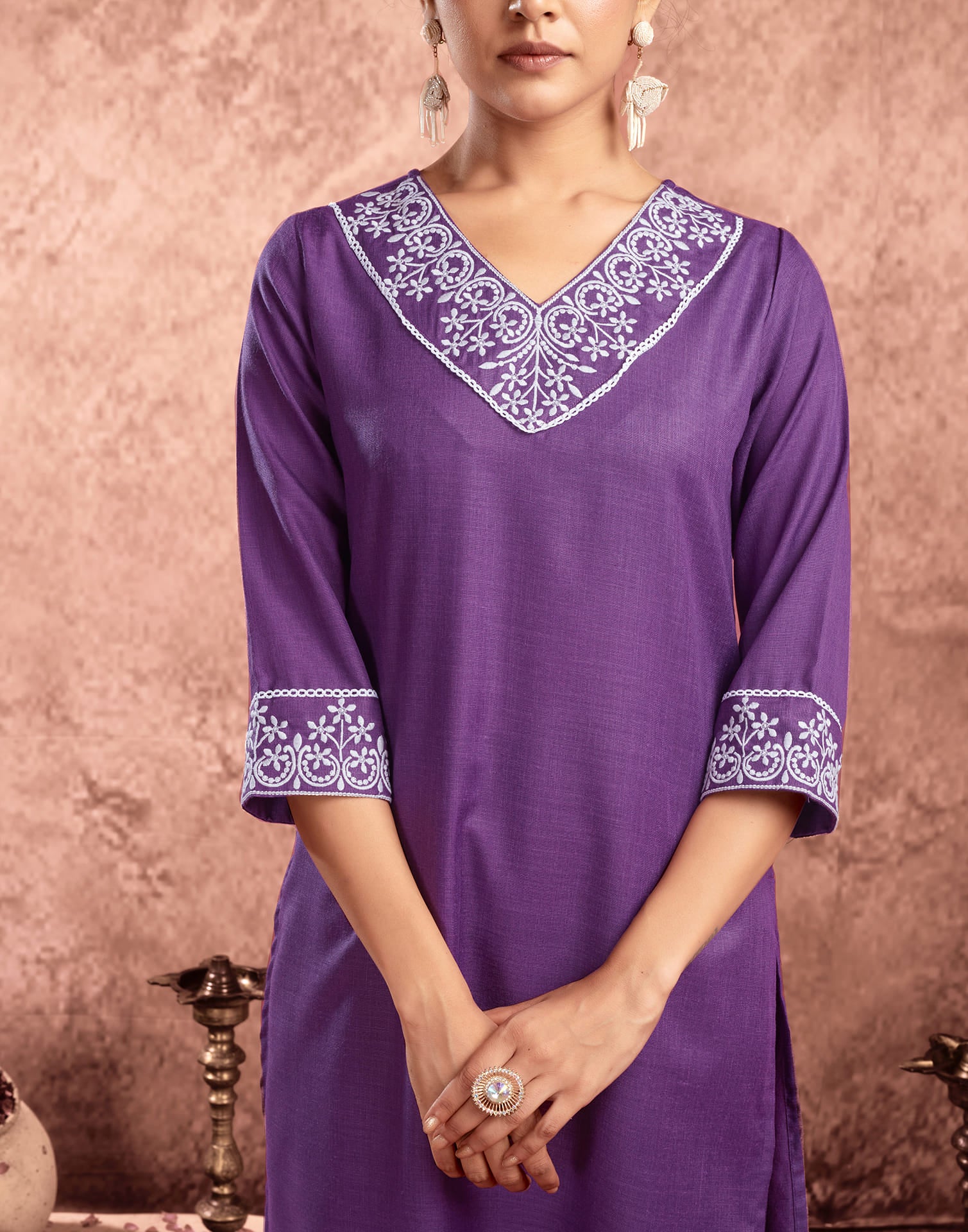 Dartk Purple Cotton Embroidery Straight Kurta Set With Dupatta