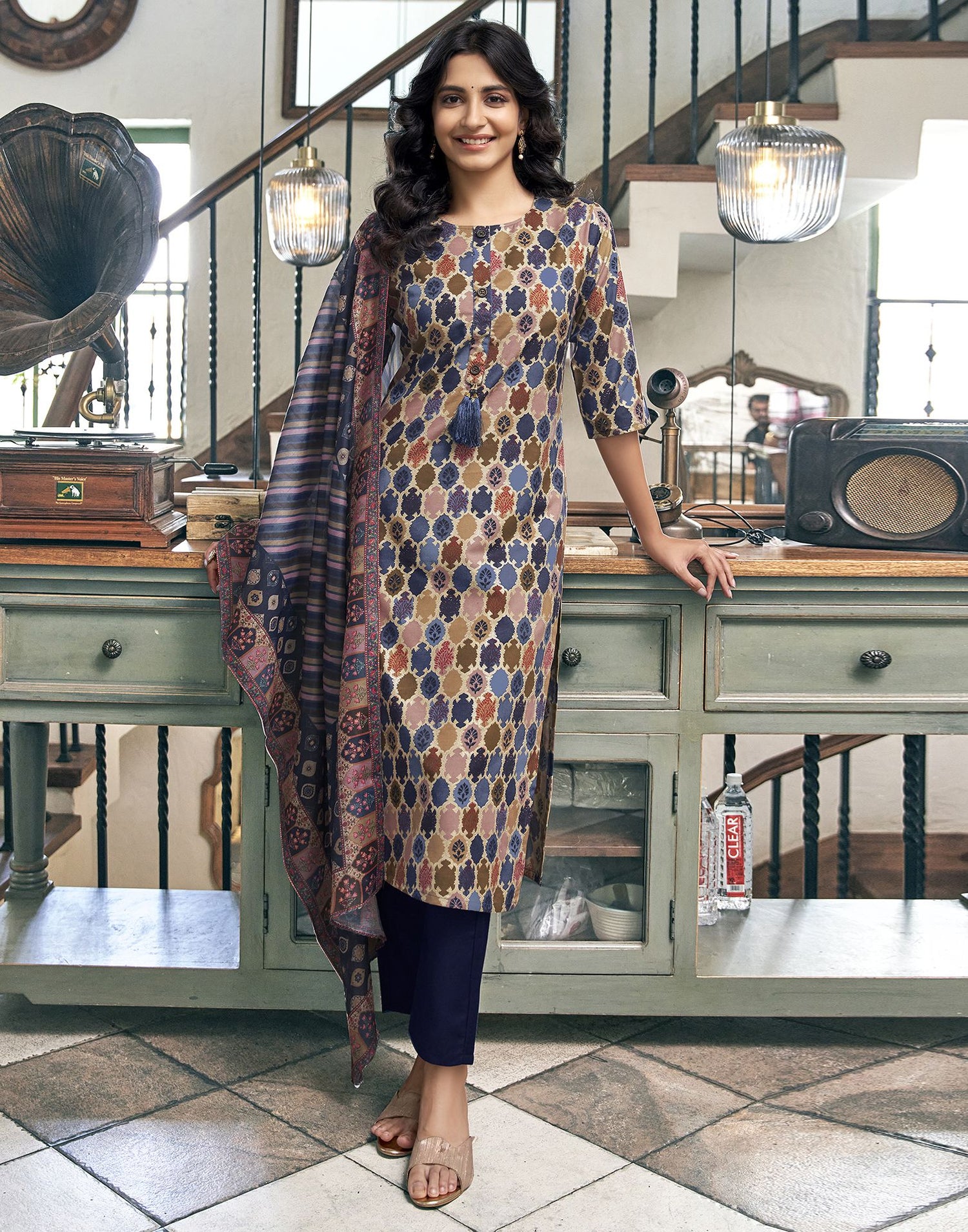 Multi Printed Rayon Straight Kurta Set With Dupatta