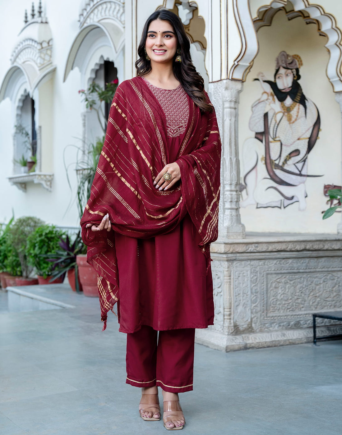 Maroon Rayon Embroidery A-Line Kurta Set With Dupatta