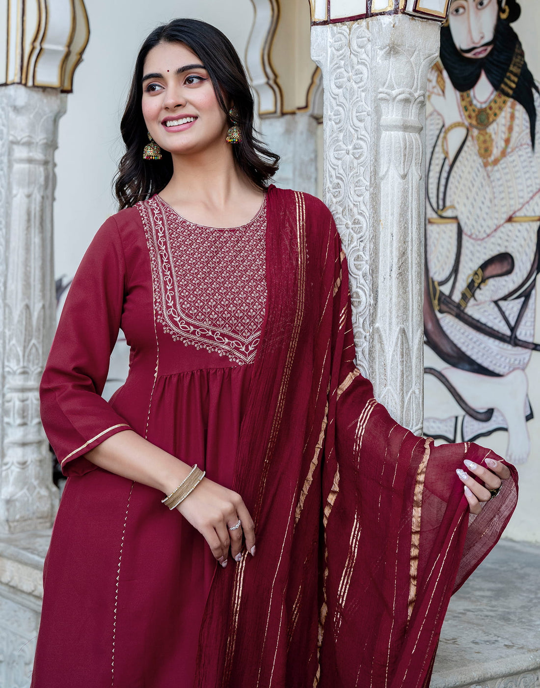 Maroon Rayon Embroidery A-Line Kurta Set With Dupatta