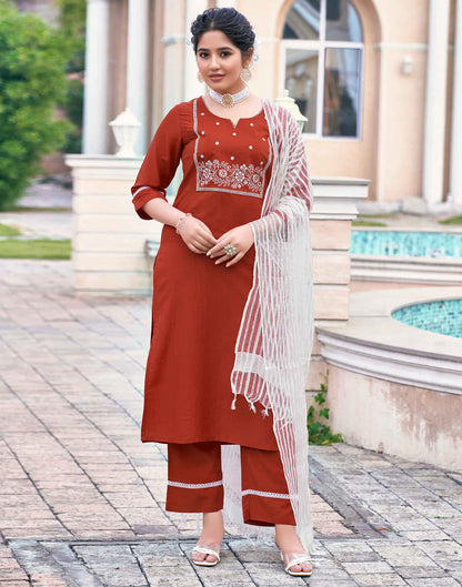 Rust Embroidery Chinnon Straight Kurta With Pant And Dupatta