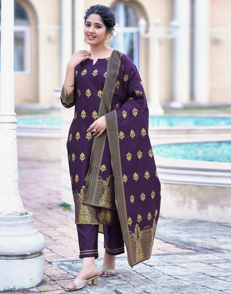 Purple Silk Printed Kurta Set With Dupatta