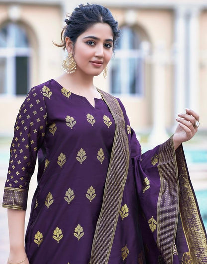 Purple Silk Printed Kurta Set With Dupatta