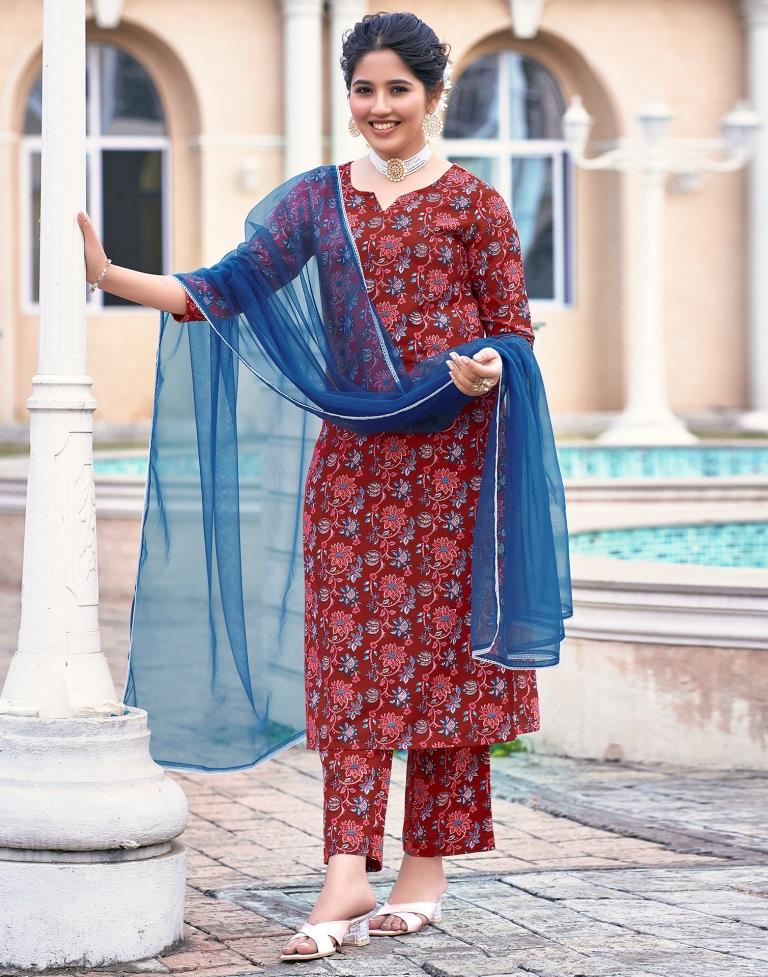 Red Printed Rayon Straight Kurta Set with Dupatta