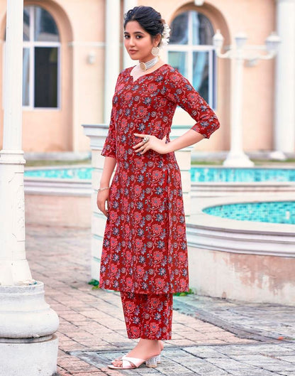 Red Printed Rayon Straight Kurta Set with Dupatta