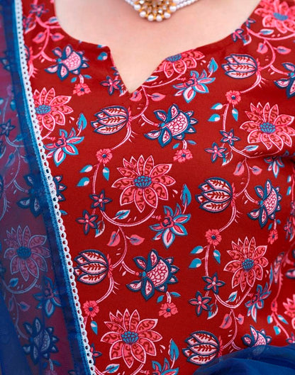 Red Printed Rayon Straight Kurta Set with Dupatta