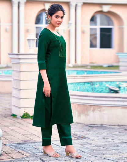 Dark Green Cotton Embroidery Straight Kurta Set