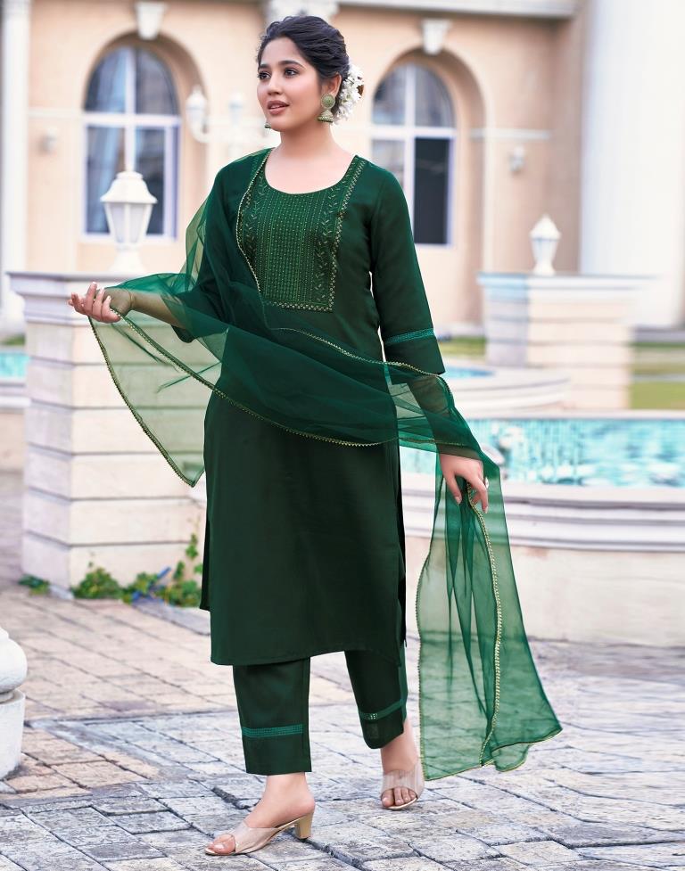 Dark Green Cotton Embroidery Straight Kurta Set