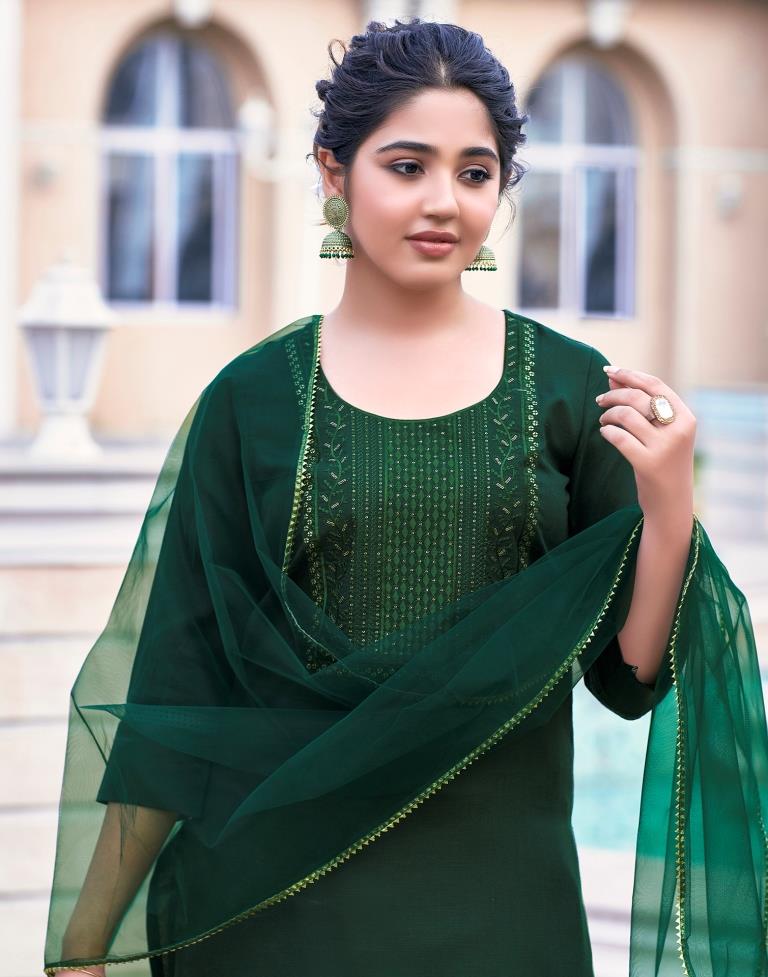 Dark Green Cotton Embroidery Straight Kurta Set