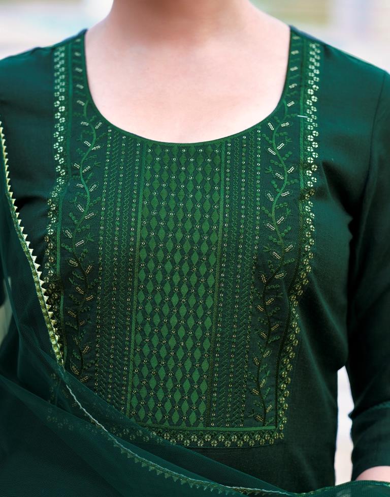 Dark Green Cotton Embroidery Straight Kurta Set