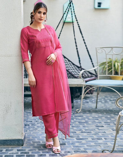 Pink Cotton Embroidery Straight Kurta Set