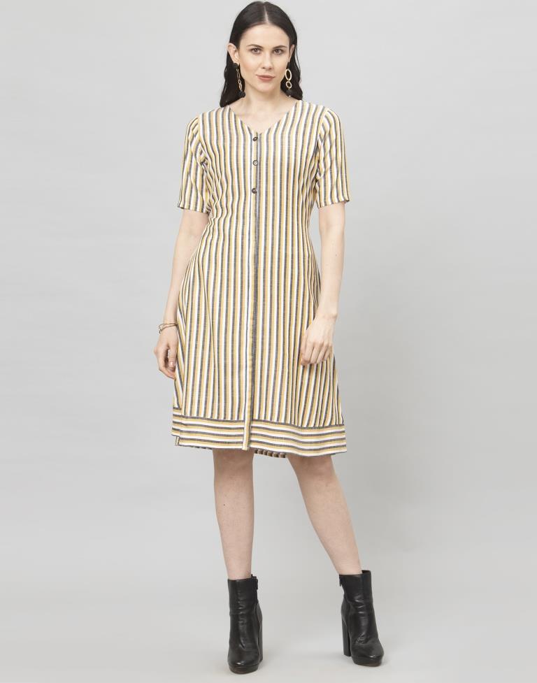 Yellow Coloured Woven Striped South Cotton Dress | Sudathi