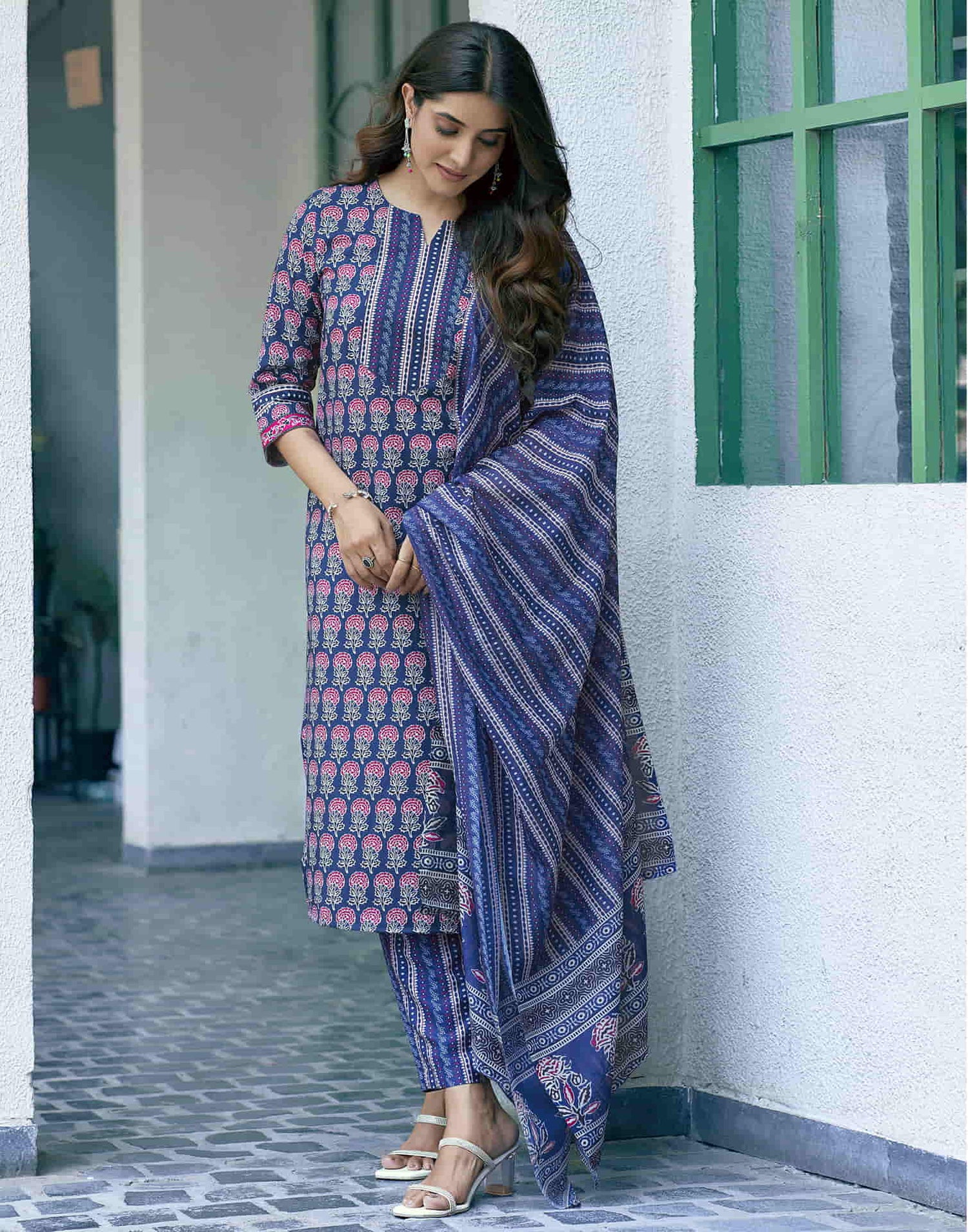 Dark Blue Printed Rayon Straight Kurta With Pant And Dupatta