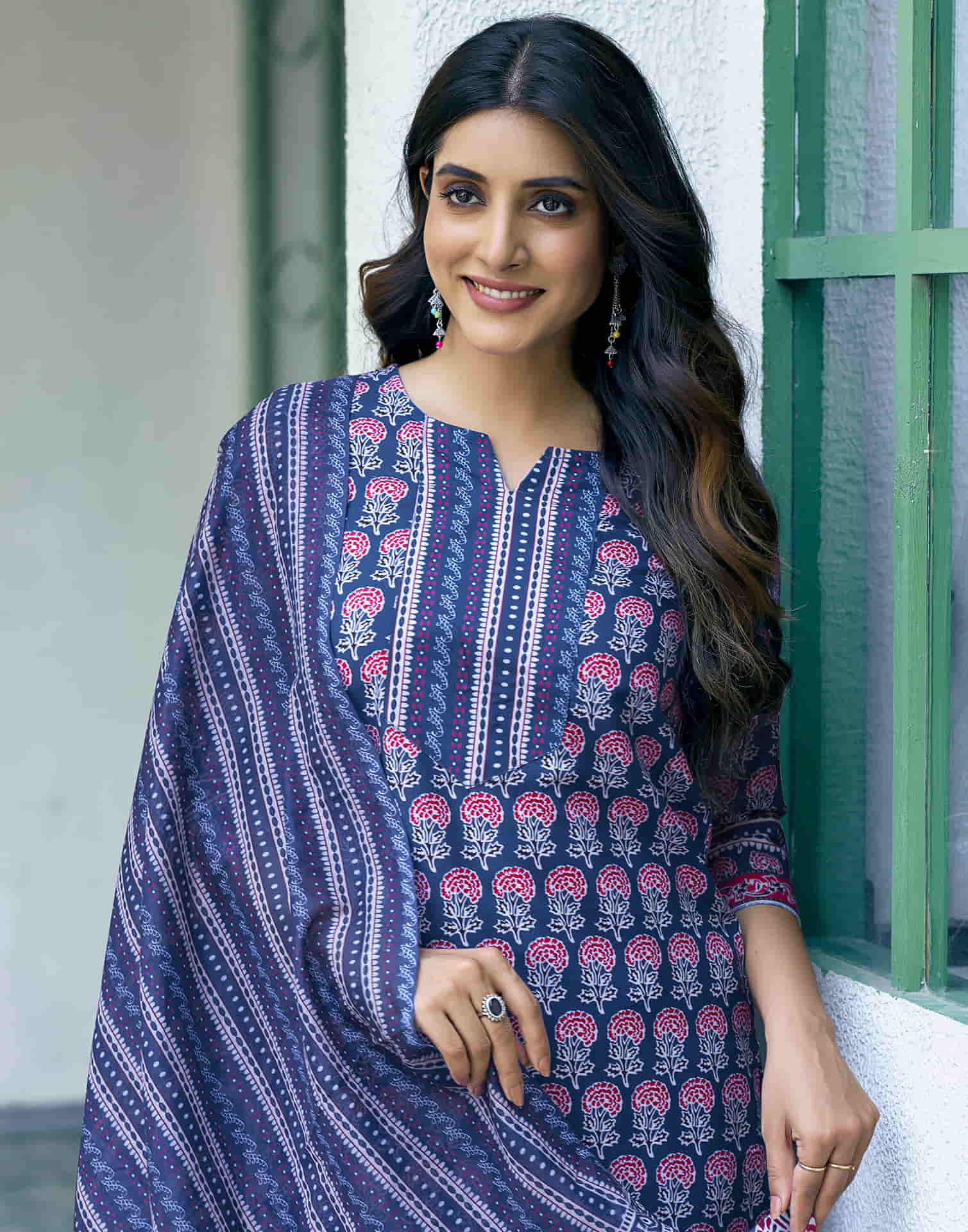 Dark Blue Printed Rayon Straight Kurta With Pant And Dupatta