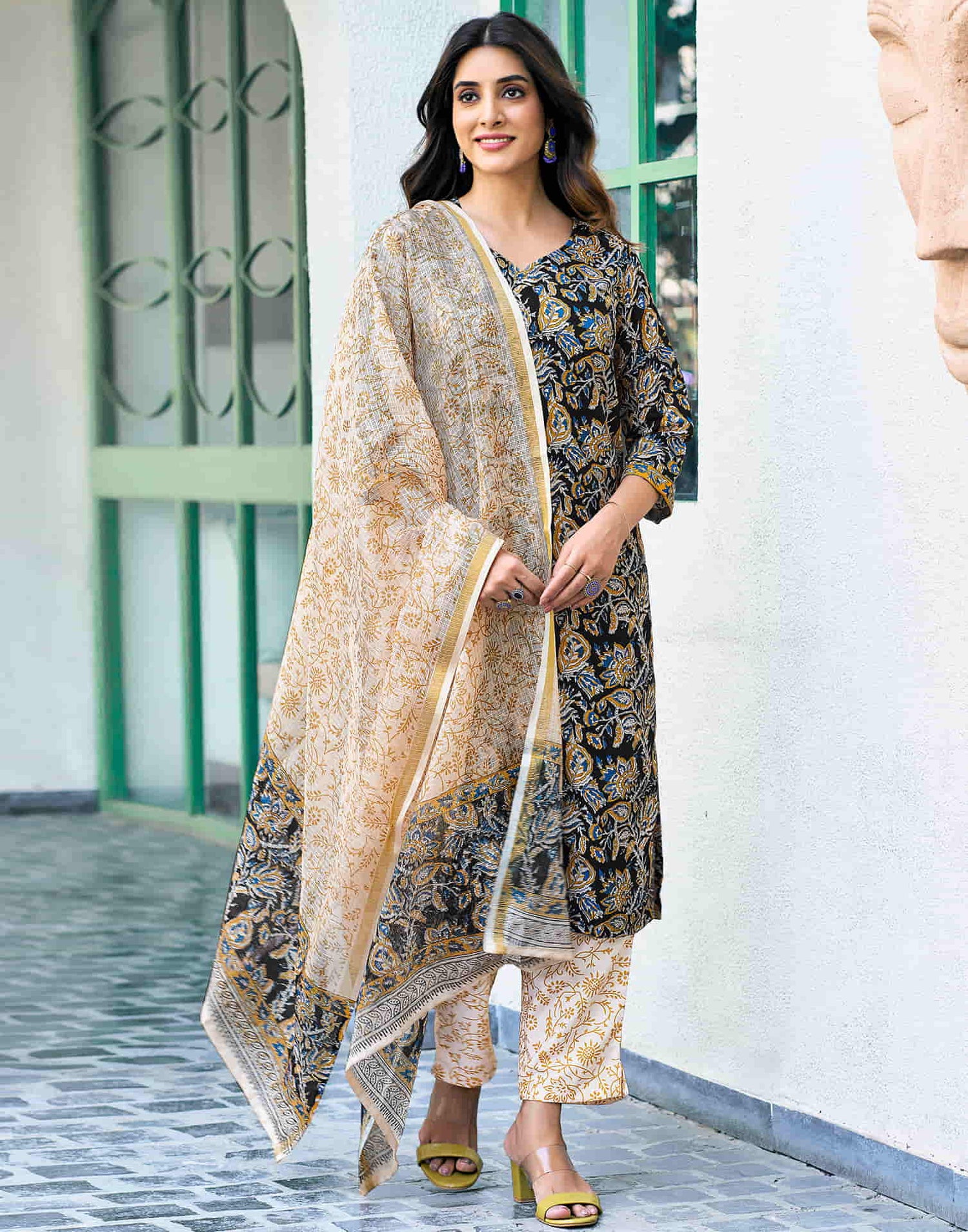 Black Printed Rayon Straight Kurta With Pant And Dupatta