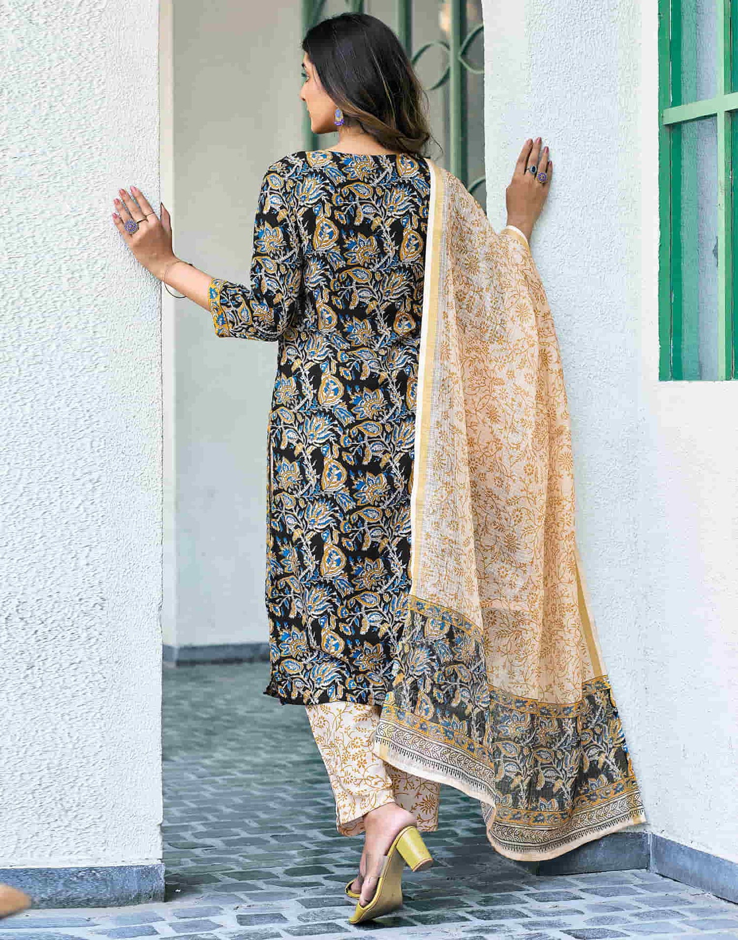 Black Printed Rayon Straight Kurta With Pant And Dupatta