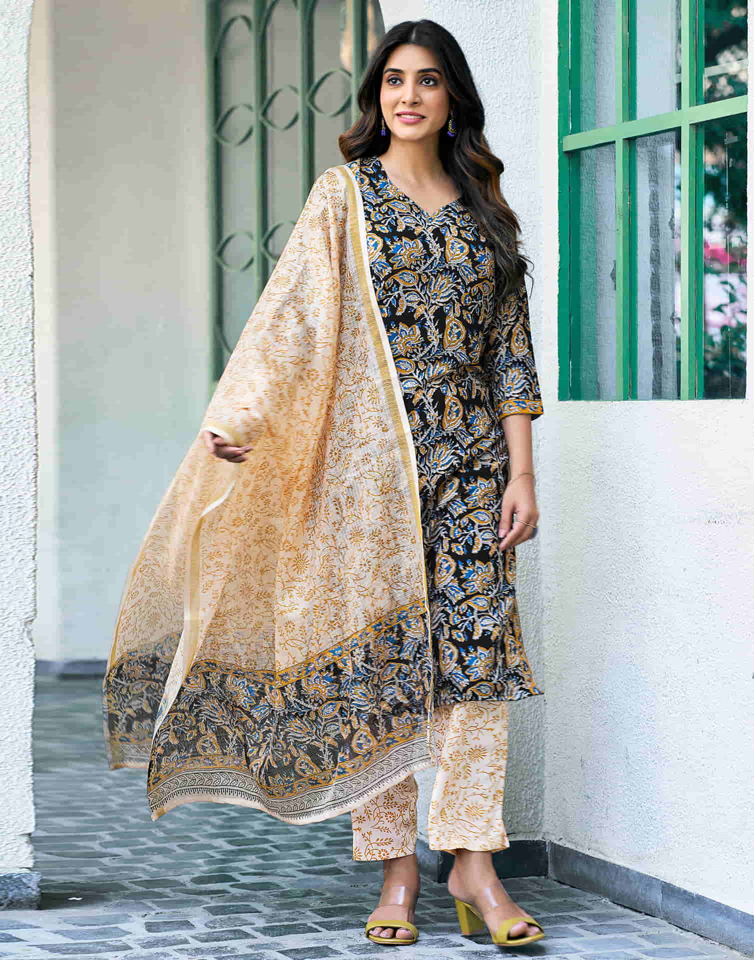 Black Printed Rayon Straight Kurta With Pant And Dupatta