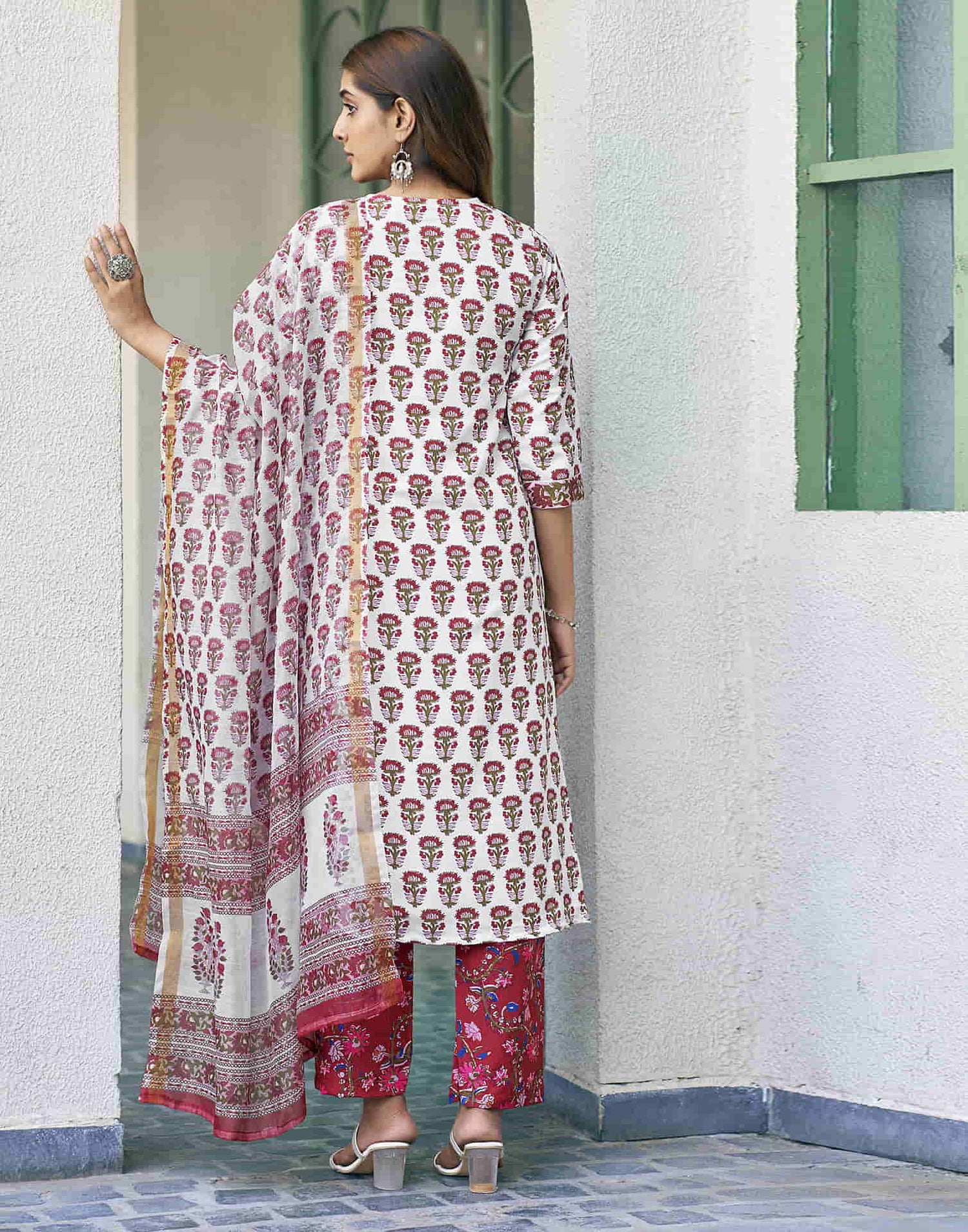 White Printed Rayon Straight Kurta With Pant And Dupatta