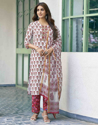 White Printed Rayon Straight Kurta With Pant And Dupatta