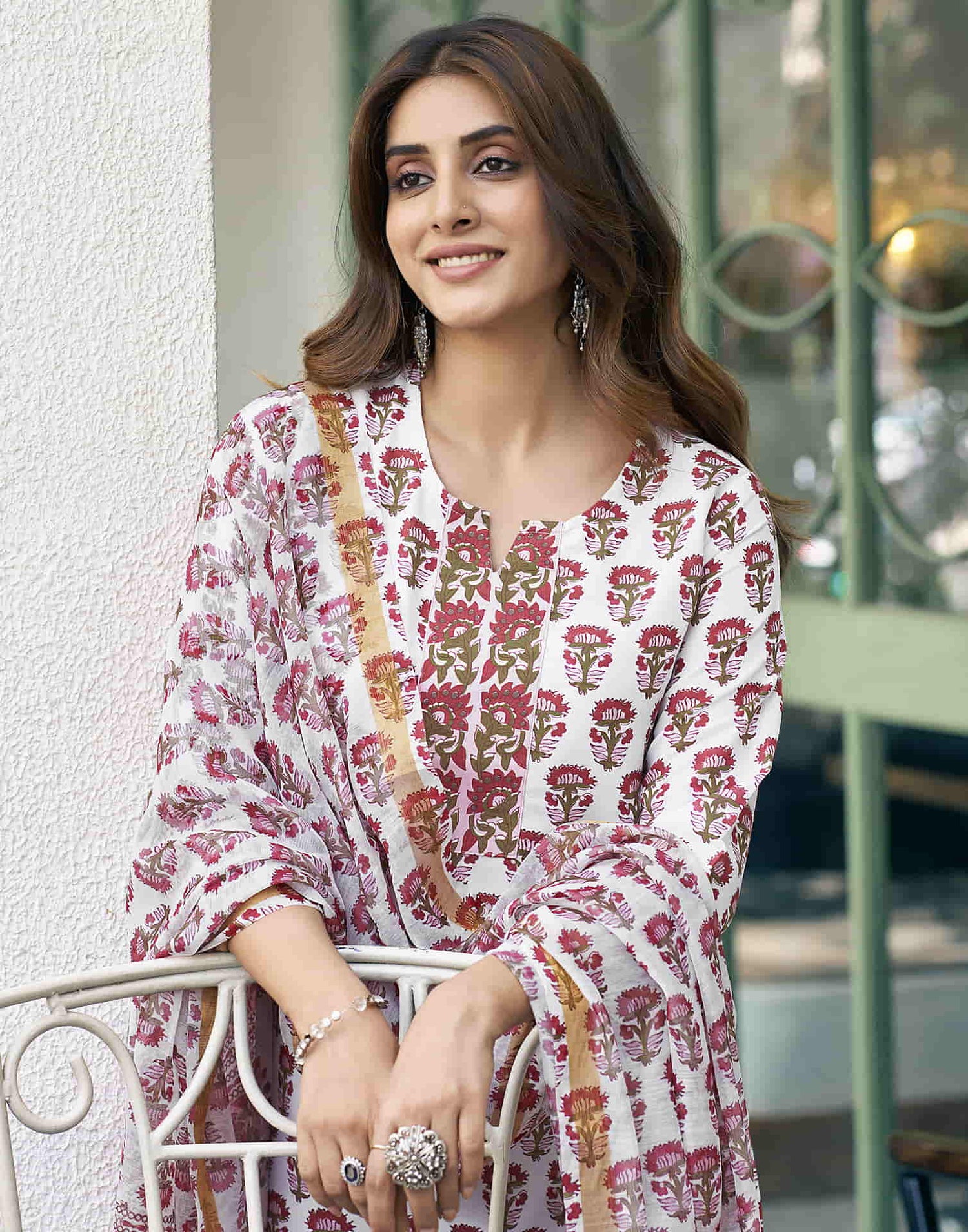 White Printed Rayon Straight Kurta With Pant And Dupatta