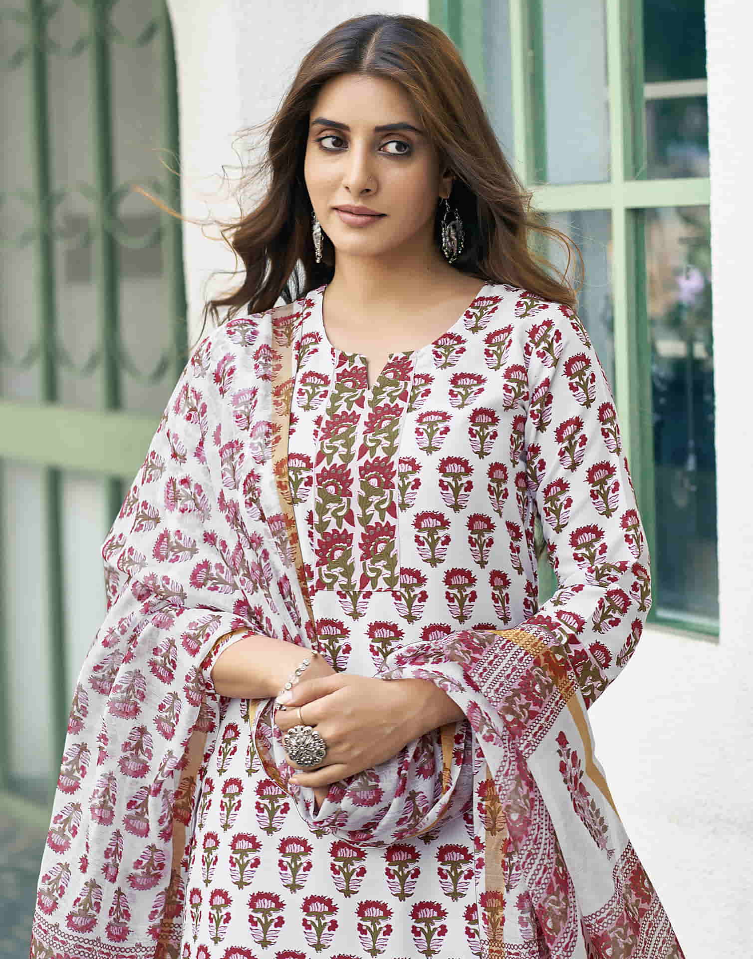 White Printed Rayon Straight Kurta With Pant And Dupatta