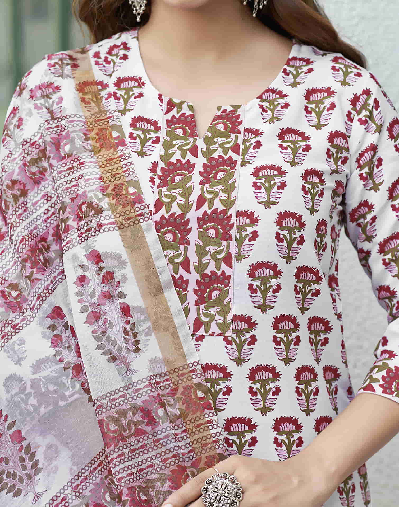 White Printed Rayon Straight Kurta With Pant And Dupatta