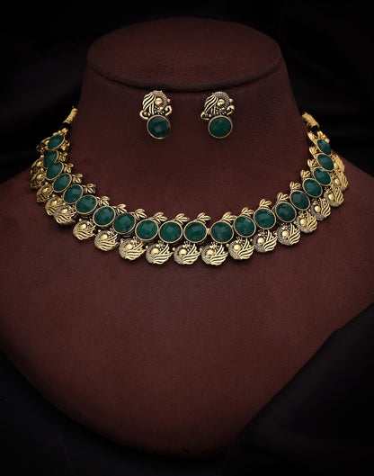 Green Gold Choker Necklace Set With Stud Earring