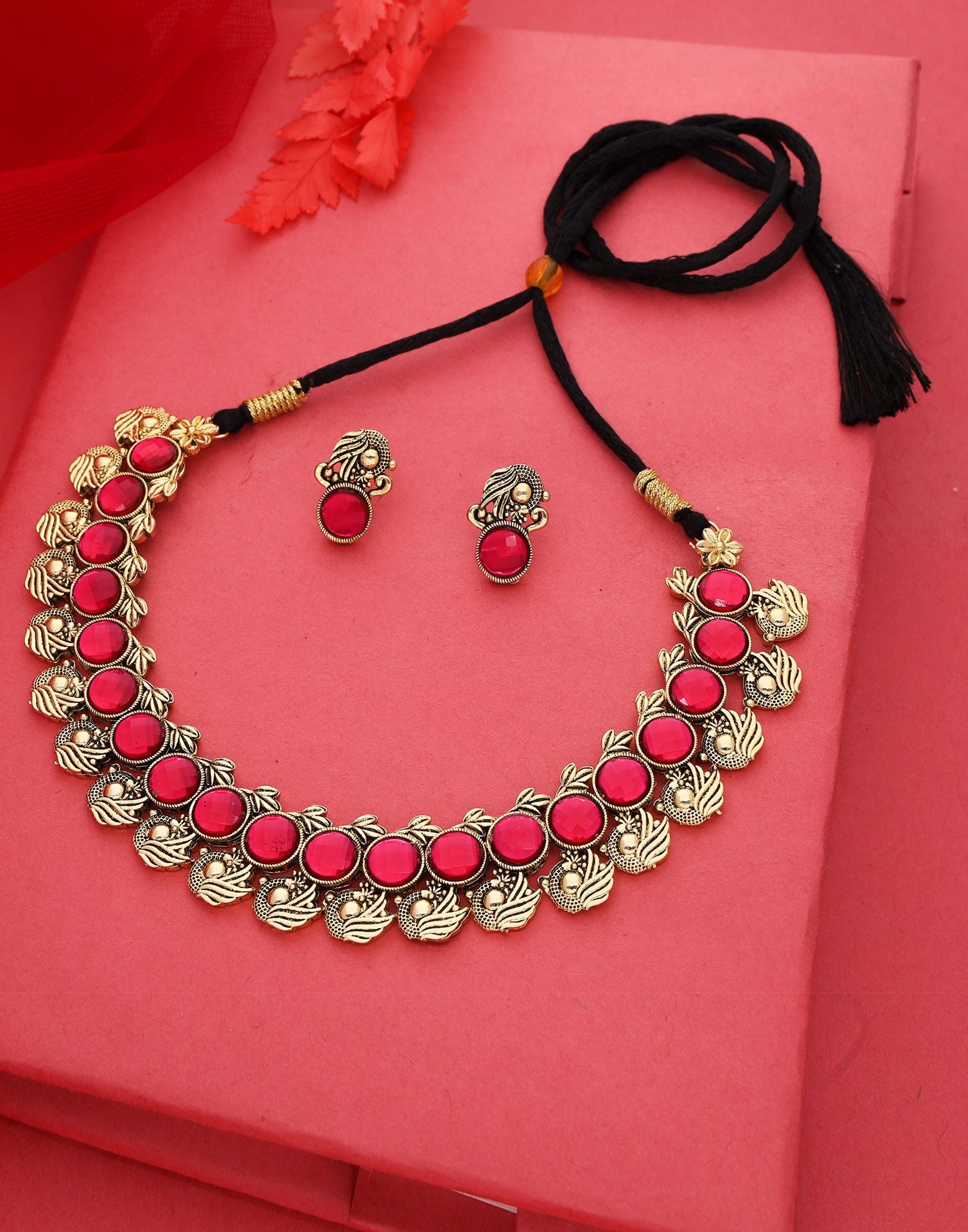 Pink Gold Choker Necklace Set With Stud Earring