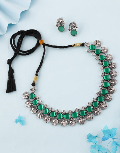 Green Silver Choker Necklace Set With Stud Earring