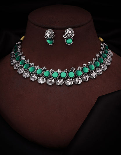 Green Silver Choker Necklace Set With Stud Earring