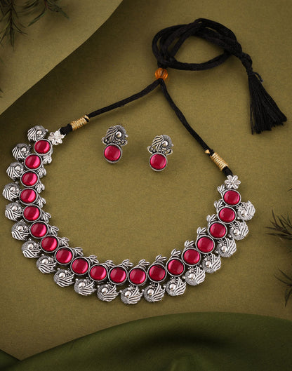 Pink Silver Choker Necklace Set With Stud Earring