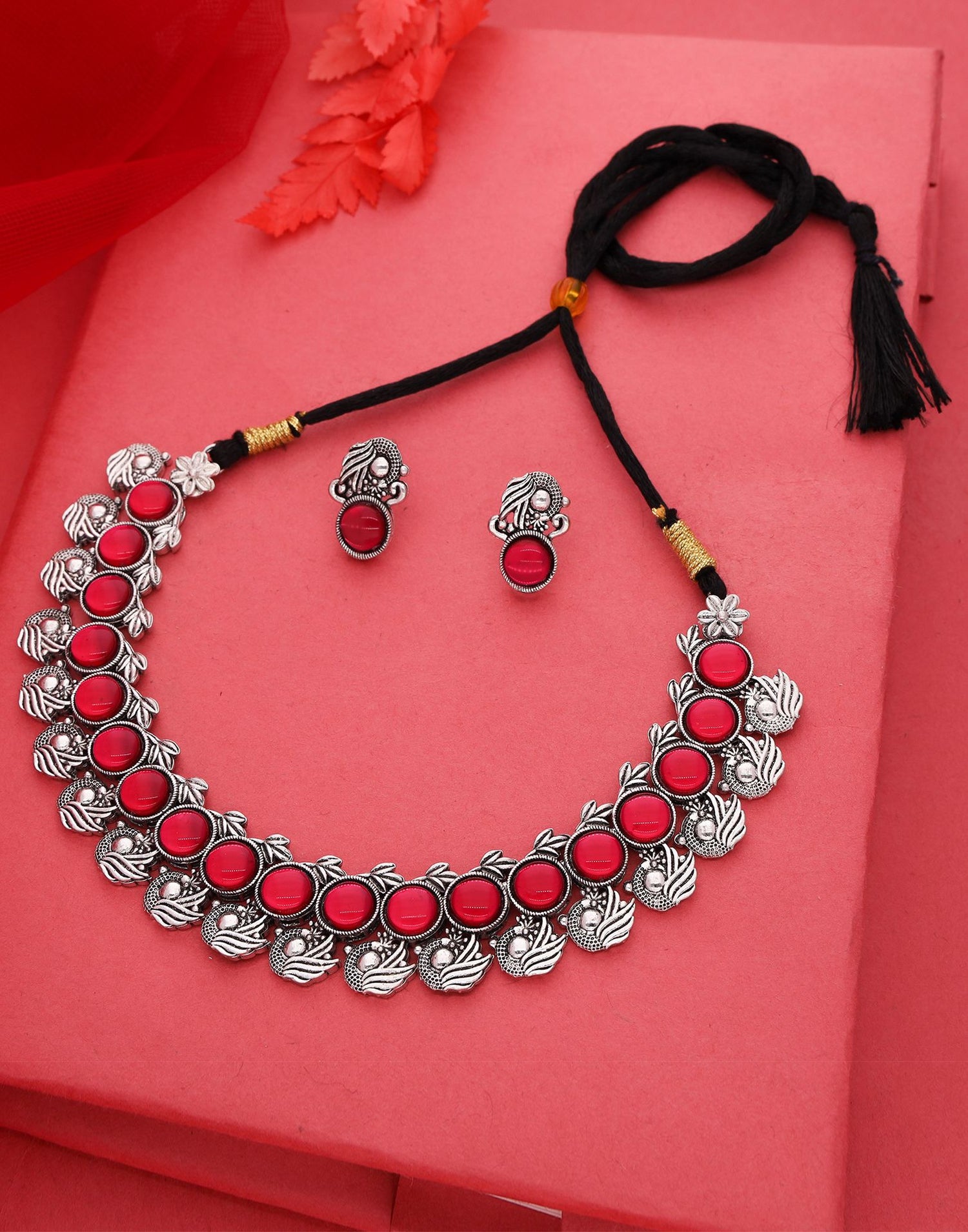 Pink Silver Choker Necklace Set With Stud Earring