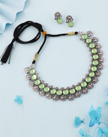 Green Silver Choker Necklace Set With Stud Earring