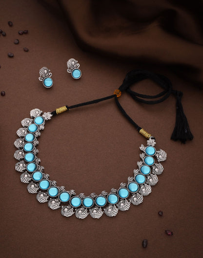 Blue Silver Choker Necklace Set With Stud Earring