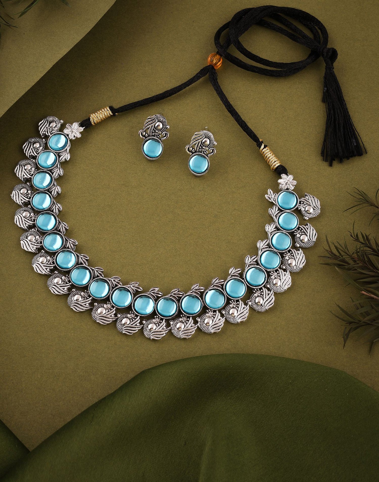 Blue Silver Choker Necklace Set With Stud Earring