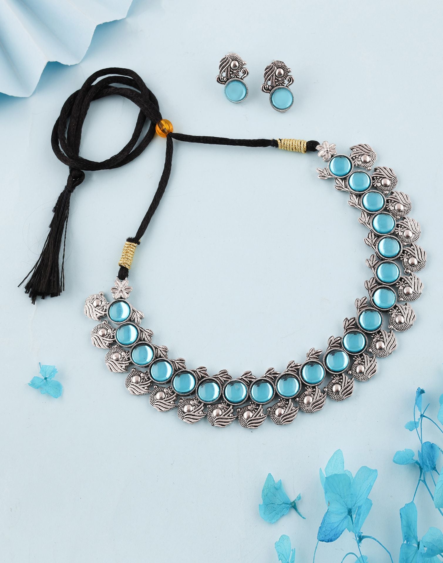 Blue Silver Choker Necklace Set With Stud Earring