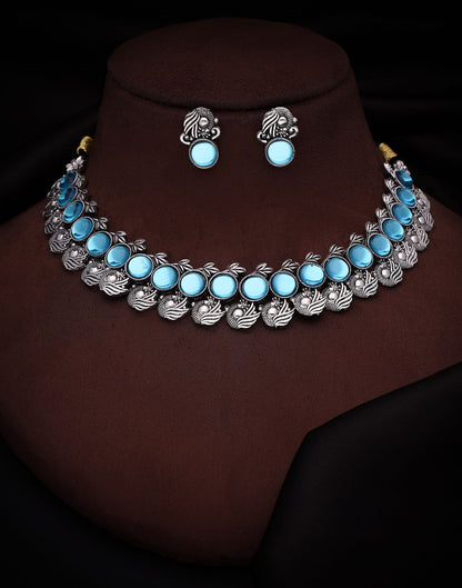 Blue Silver Choker Necklace Set With Stud Earring