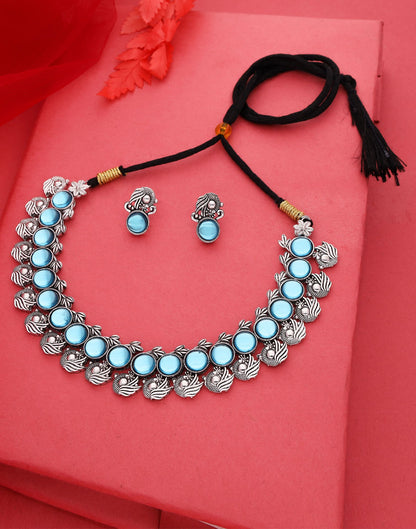 Blue Silver Choker Necklace Set With Stud Earring