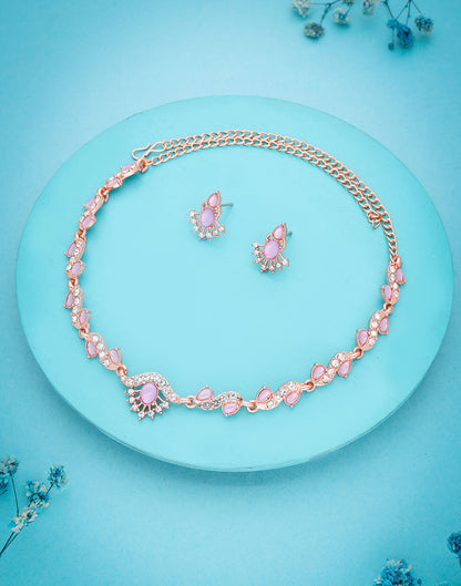 Pink Rose Gold Choker Necklace Set With Stud Earring