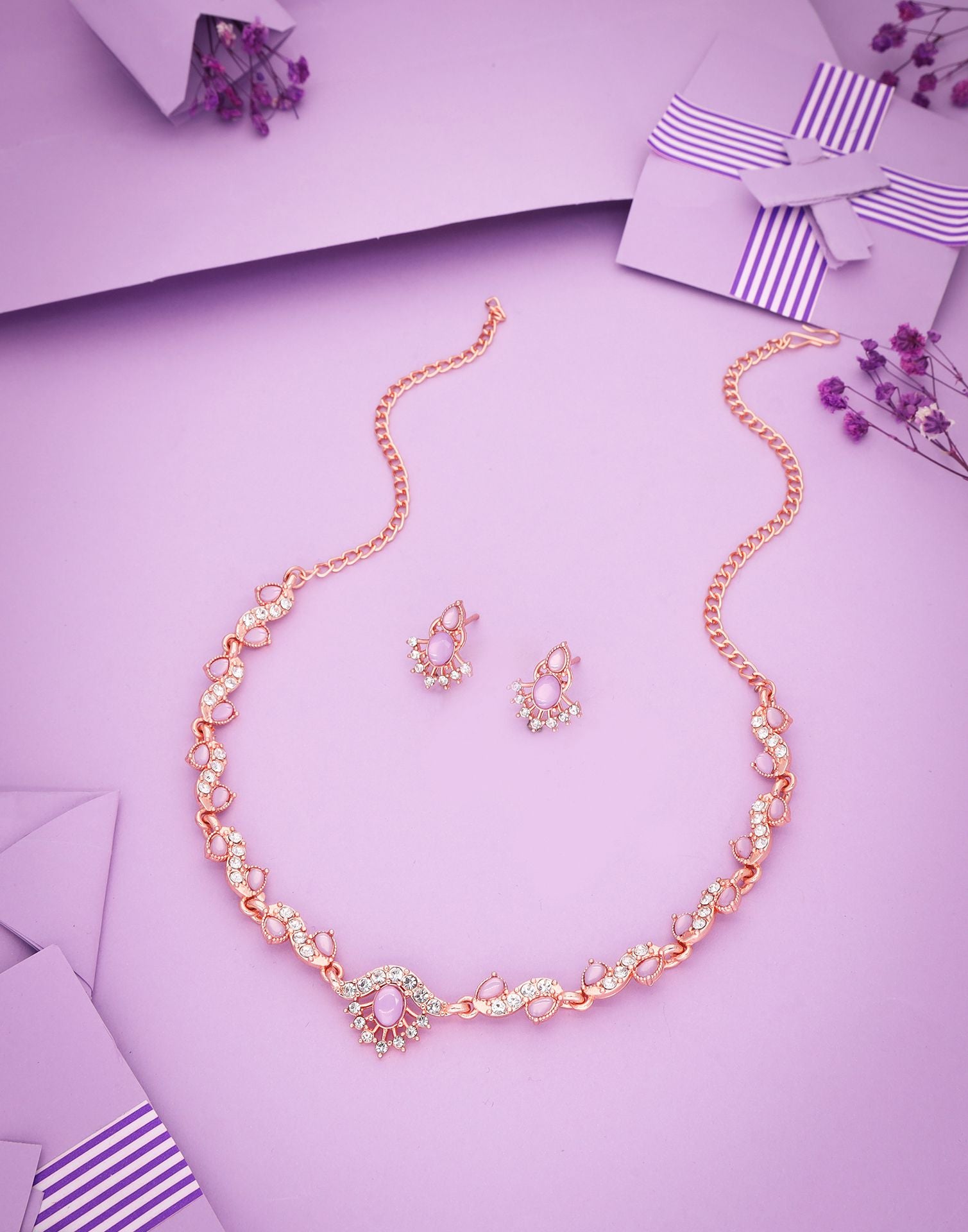 Pink Rose Gold Choker Necklace Set With Stud Earring