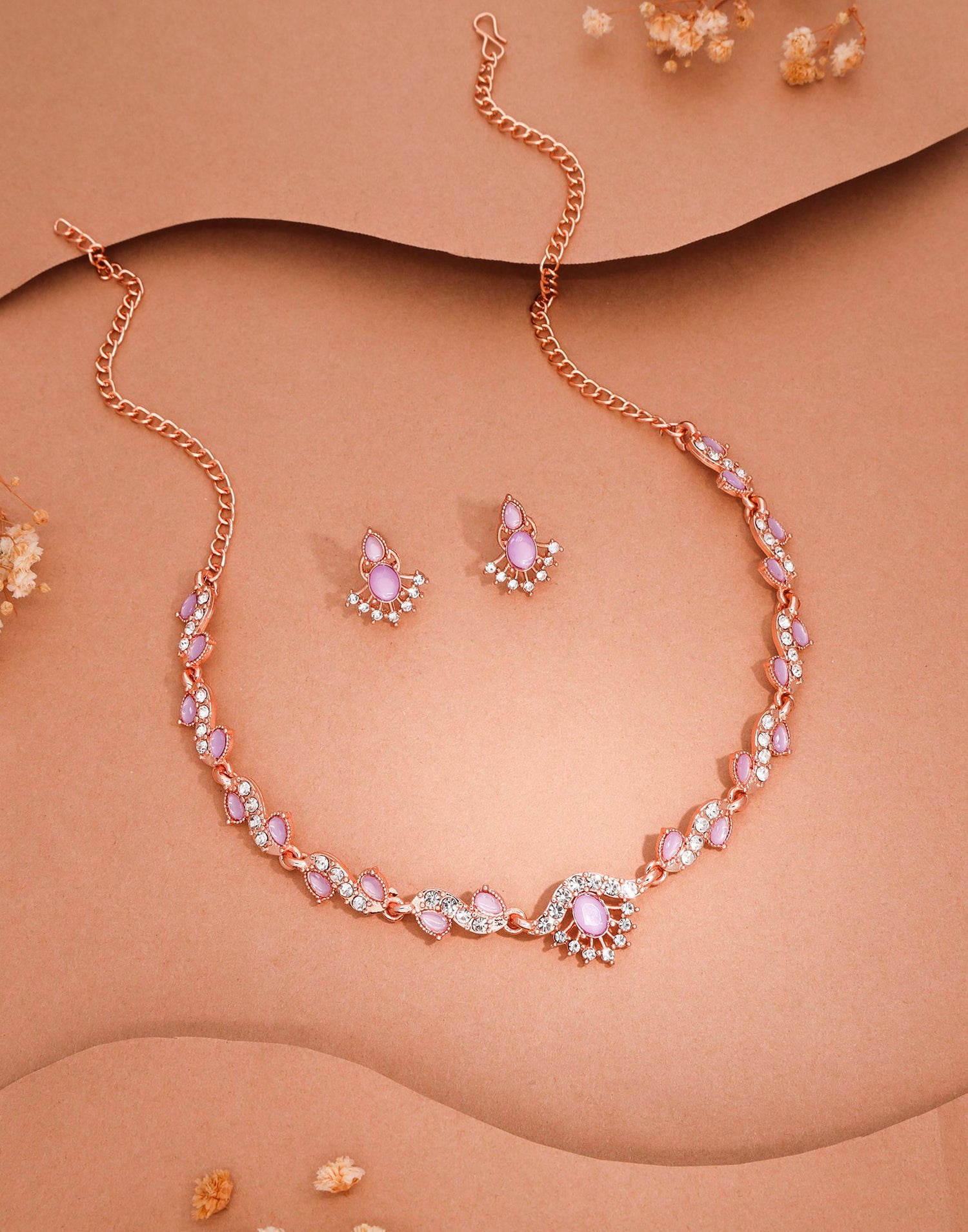 Pink Rose Gold Choker Necklace Set With Stud Earring