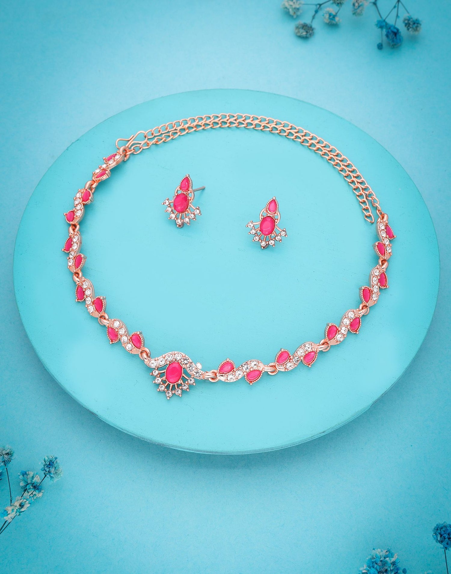 Pink Rose Gold Choker Necklace Set With Stud Earring