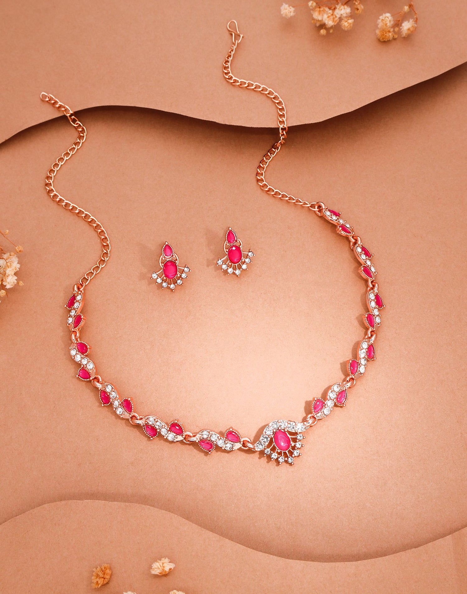 Pink Rose Gold Choker Necklace Set With Stud Earring