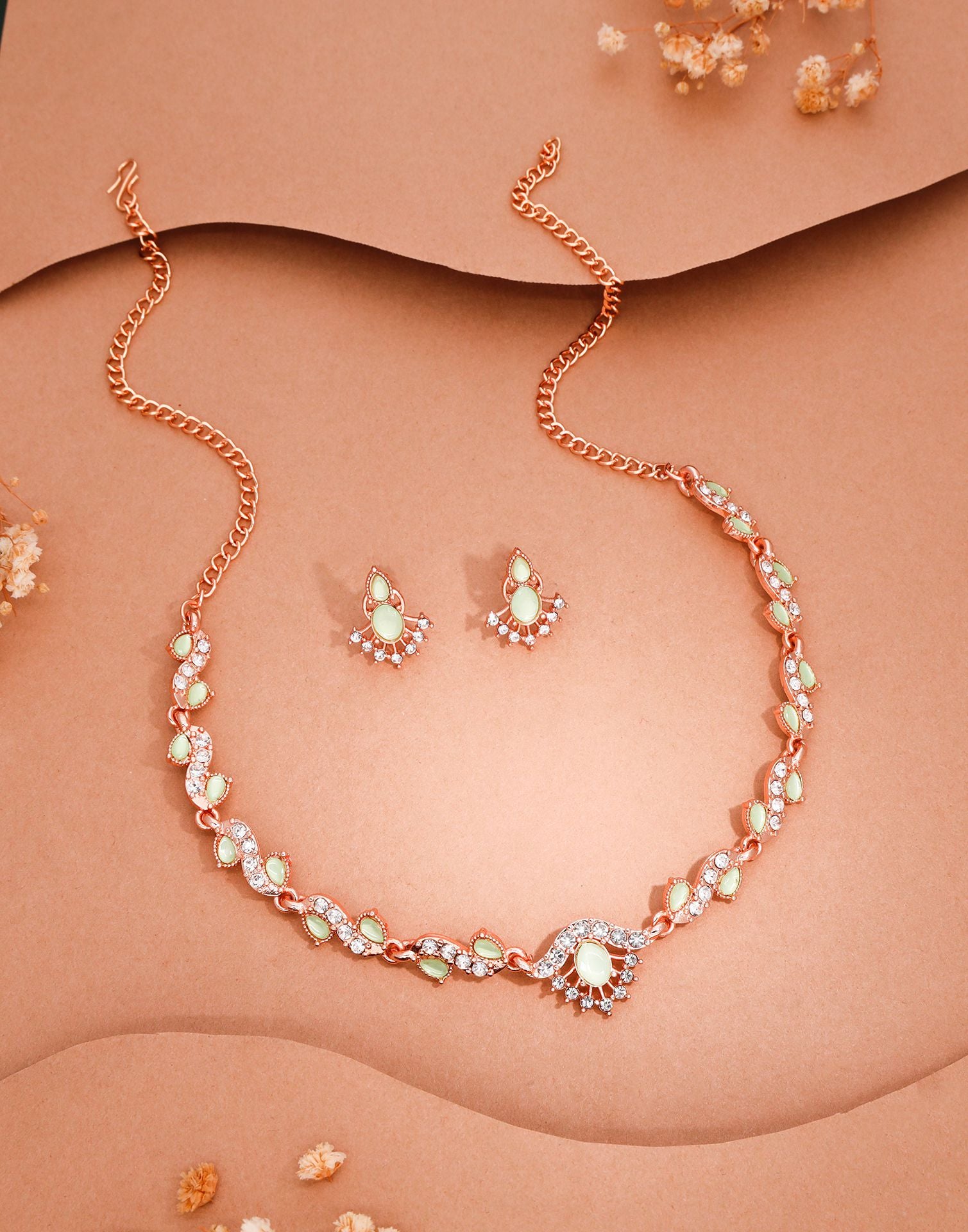 Green Rose Gold Choker Necklace Set With Stud Earring