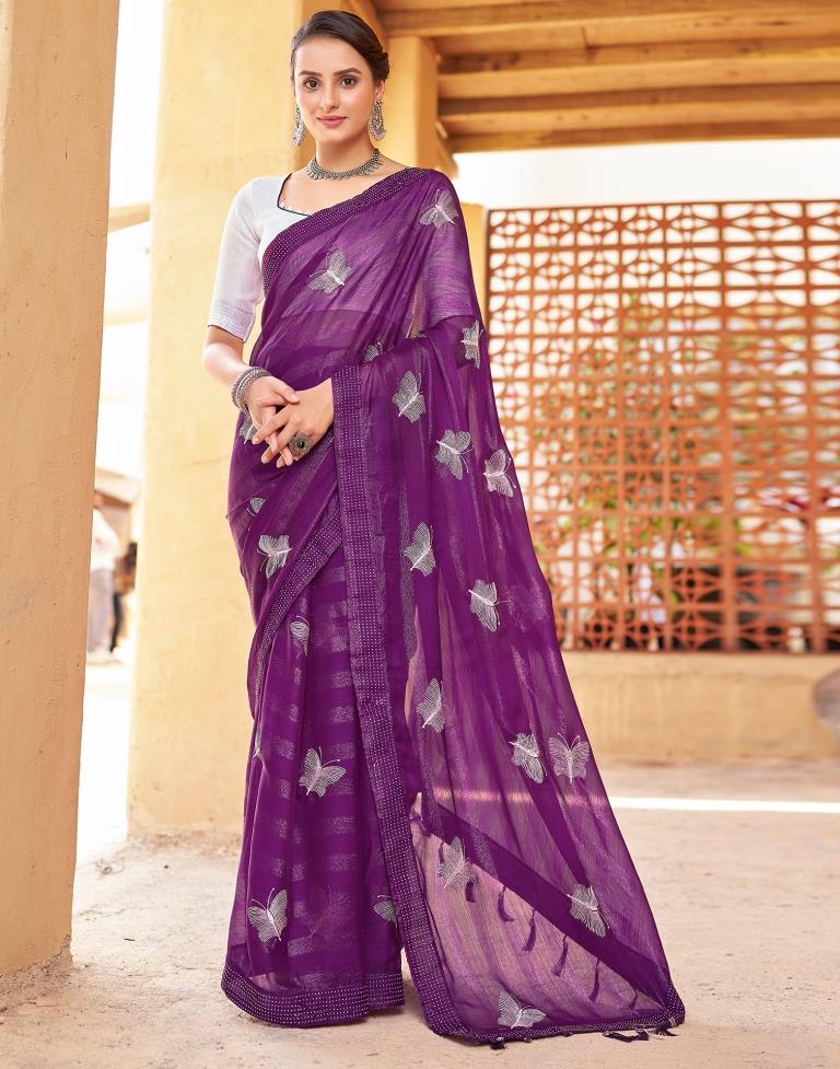 Ready to Wear Dark Purple Chiffon Embroidery Saree