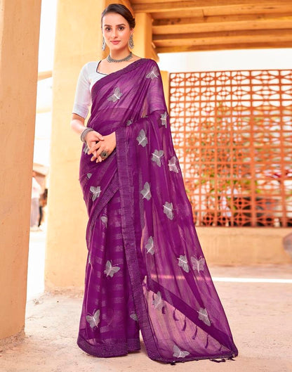 Ready to Wear Dark Purple Chiffon Embroidery Saree