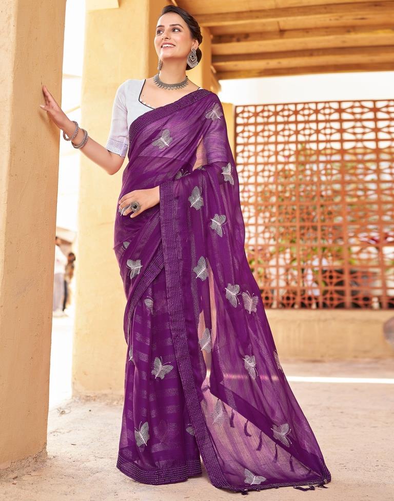 Ready to Wear Dark Purple Chiffon Embroidery Saree